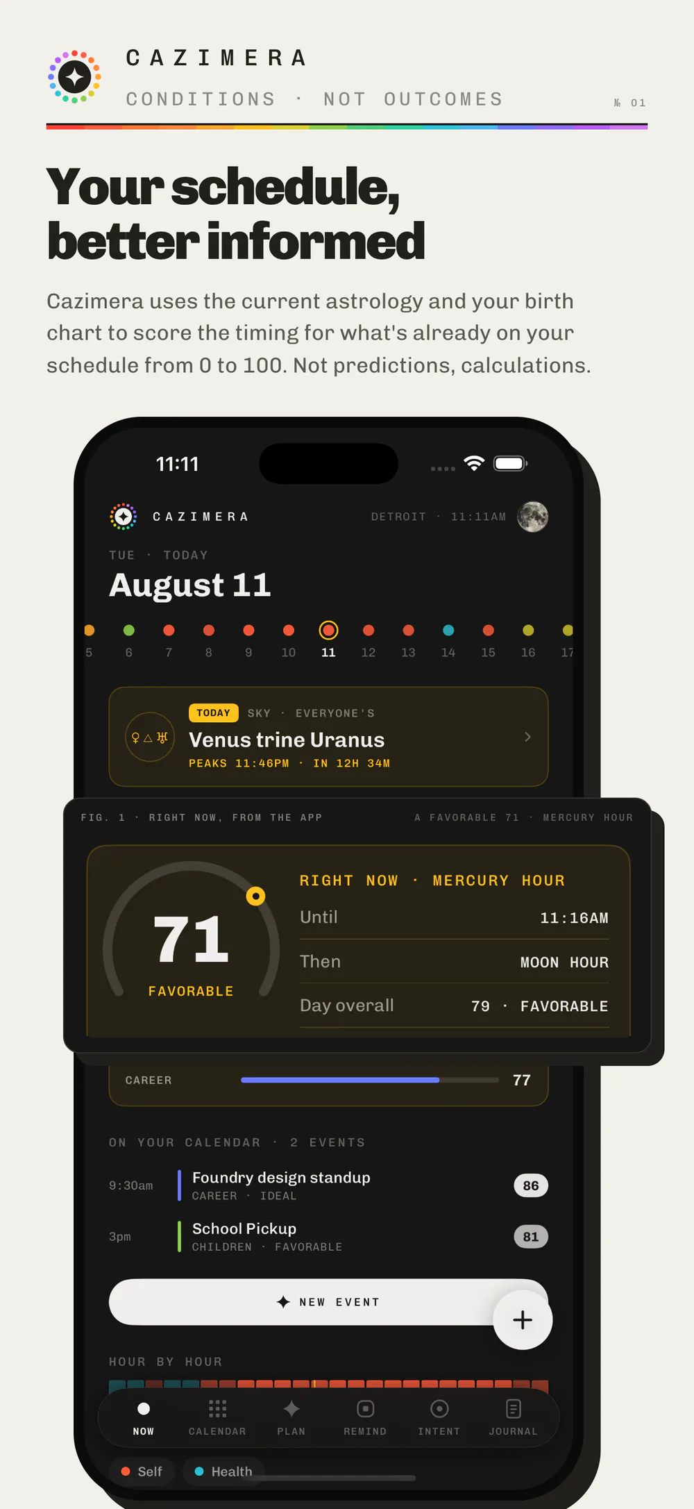 The Now tab: the date rail for August, a Venus trine Uranus card for everyone, and a Right Now card reading a Favorable 71 for Mercury hour above two scored calendar events.