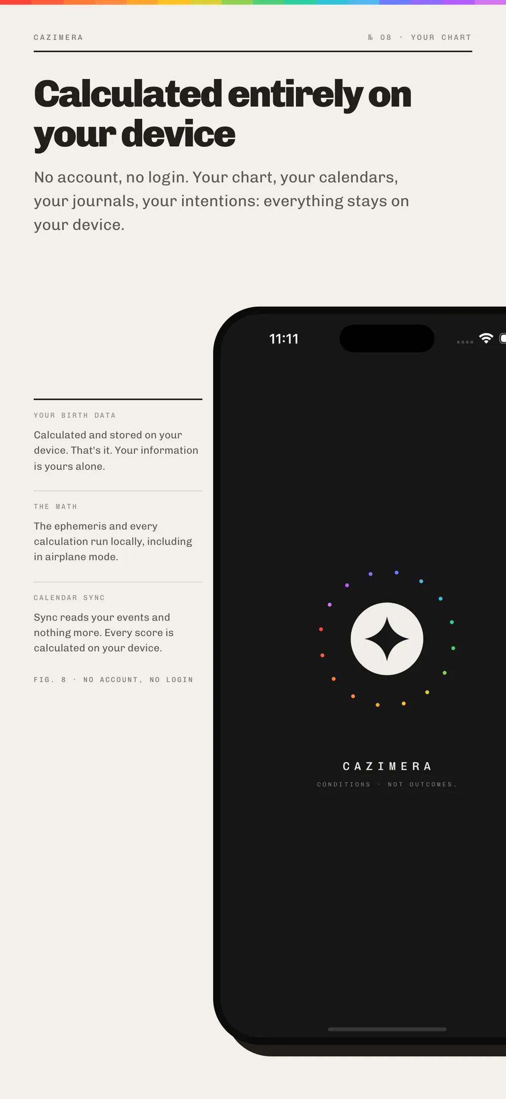 The Cazimera splash screen beside three notes: birth data stays on the device, the ephemeris runs locally even in airplane mode, and calendar sync only reads events.